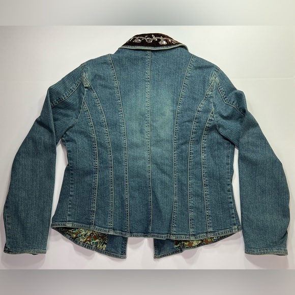 Christopher & Banks Denim Jacket w/ Velvet/Sequin Trim - dark wash/paisley, XL - Picture 2 of 8